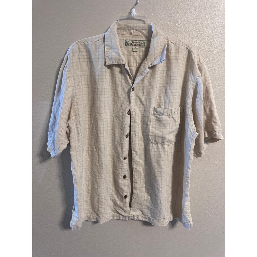 Tommy Bahama Silk Camp Shirt Plaid Button Up Short Sleeve Beige Medium